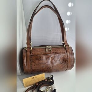 Patricia Nash Binetto Leather Barrel Bag map print Riot Rust NWOT